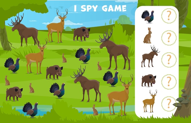 I spy game with forest hunting animals on puzzle worksheet vector kids quiz Wild elk deer and rabbit hare or grouse and boar in forest hunt for puzzle quiz to find and match similar picture