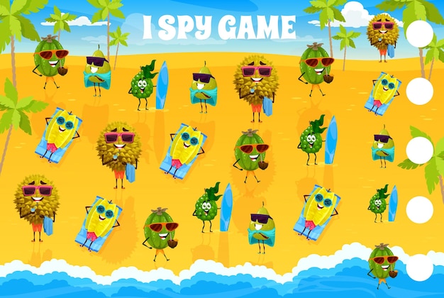 I spy game worksheet cartoon fruits relax on beach