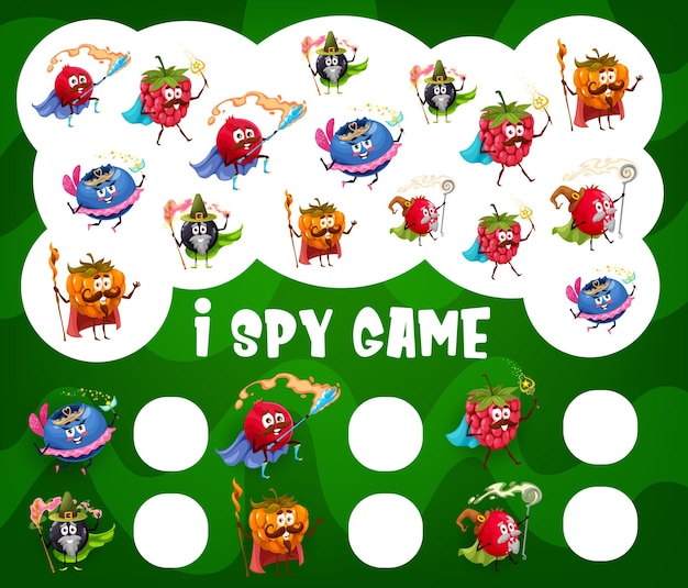 Vector i spy game worksheet with cartoon berry wizards