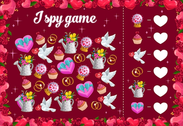 I spy kids game with Valentines day items, educational puzzle