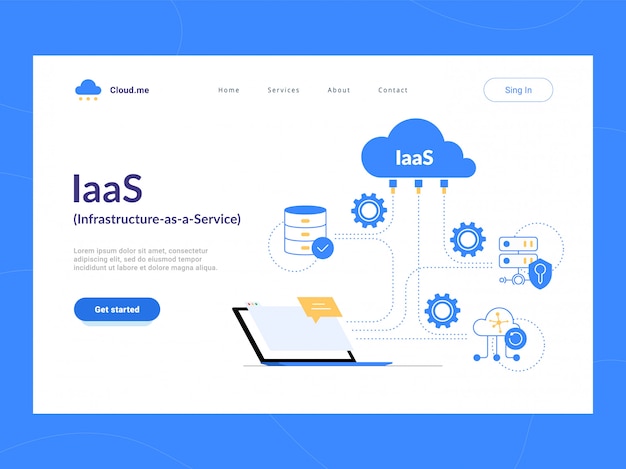 IaaS: Infrastructure as a Service first screen. Flexible cloud computing model. Virtual data center resources on demand. Optimization of business process for startups, small companies and enterprises.