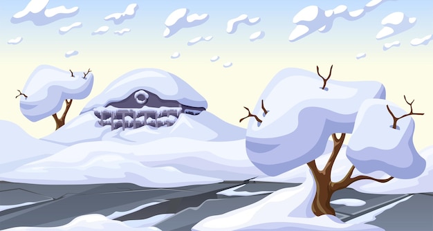 Ice age Cartoon game house with mountains of snow Frozen  destroyed building after storm