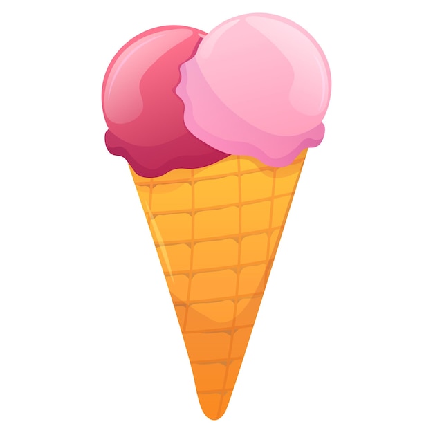 Ice cream balls in the waffle cone vector cartoon illustration. Summer dessert. Valentines day sweet