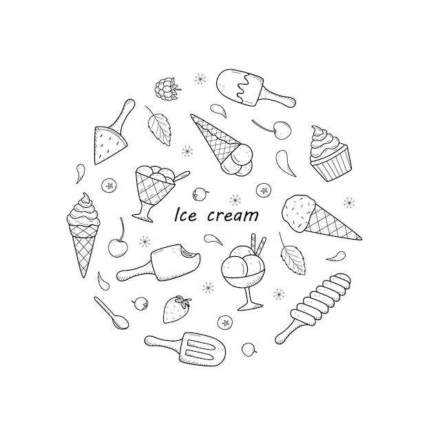 Ice cream and berries set of doodle icons Vector illustration of summer desserts popsicles ice cream in waffle cones strawberry cherry raspberry mint blueberry