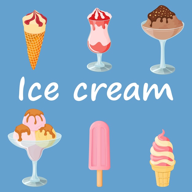 Ice cream on a blue background Sweet summer dessert Vector illustration A set of ice cream