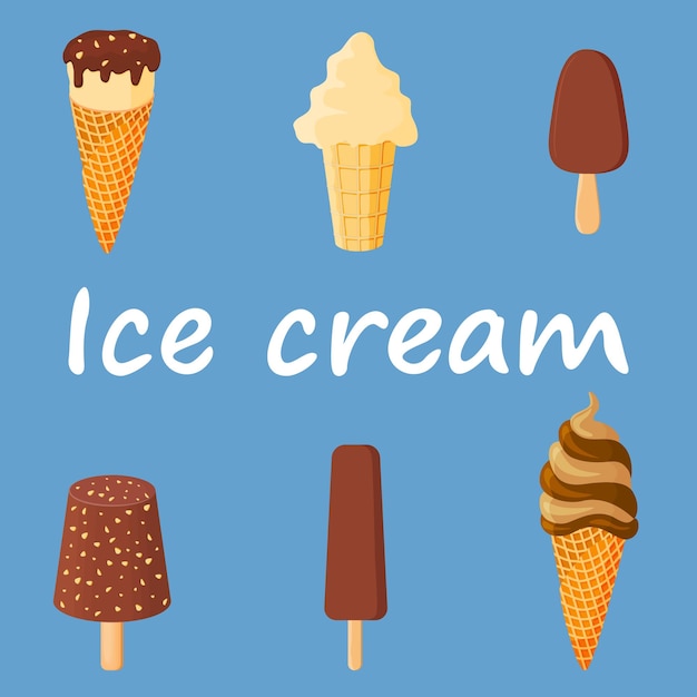 Ice cream on a blue background Sweet summer dessert Vector illustration A set of ice cream