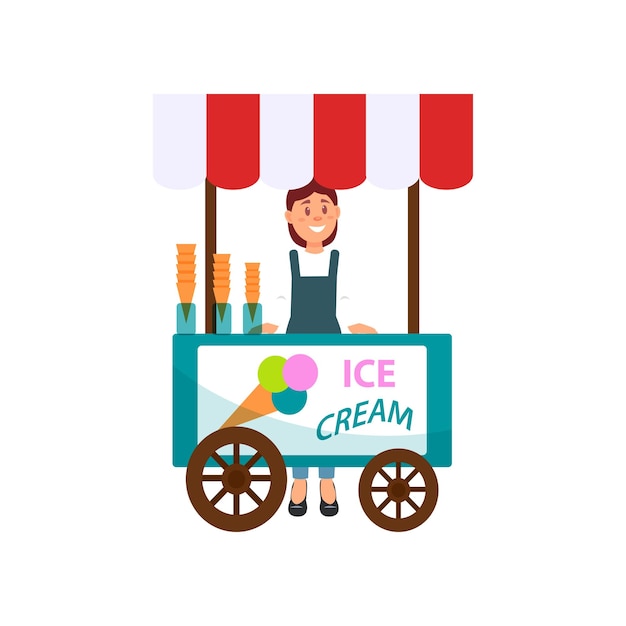 Ice cream cart and young girl Street seller Cheerful woman selling delicious summer dessert Flat vector design