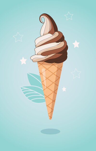 Ice cream chocolate vector. Vanila dessert summer illustration. Frozen snack. Waffle ice cream