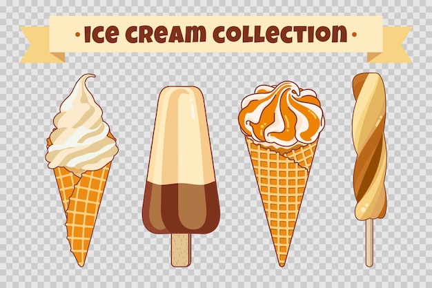 Ice cream collection at transparent background Colorful bright ice cream waffle cones and fruit ice