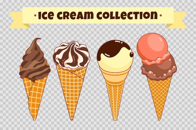 Ice cream collection at transparent background Colorful bright ice cream waffle cones and fruit ice