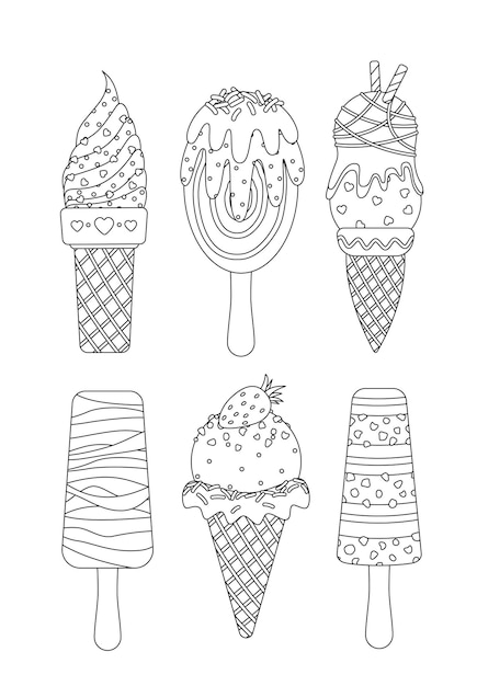 Ice cream coloring page set Waffle cone popsicle soft serve stick Outline vector