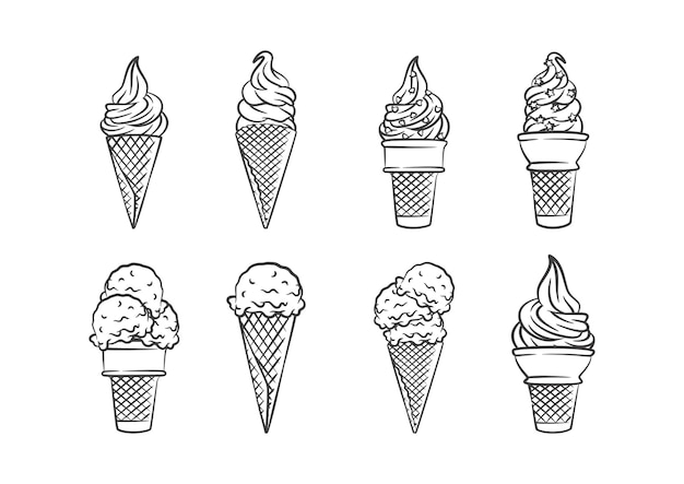 Ice cream cone collection line art sketch illustration