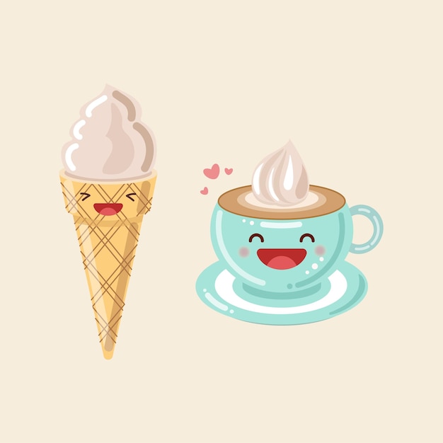 Ice cream in a cone and a cup of coffee, icon cute illustration, Sticker kawaii cartoon illustration