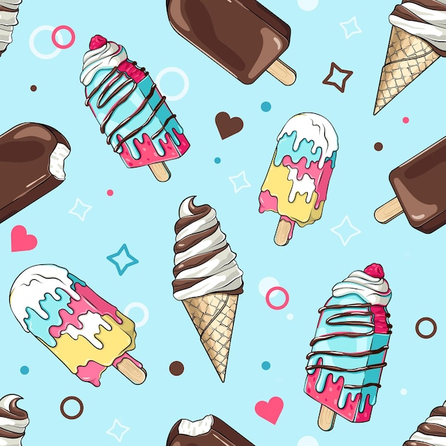 Ice cream cone, popsicle, eskimo seamless pattern, dessert background, comic style lineart drawing