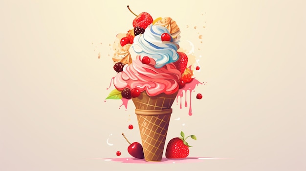 an ice cream cone with berries and berries