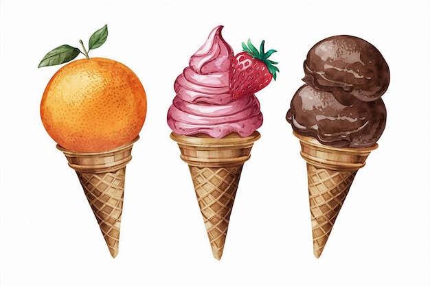 ice cream cone with ice cream in it and an orange and strawberry in the bottom