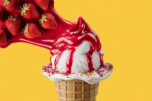 a ice cream cone with strawberries on it is shown on a yellow background