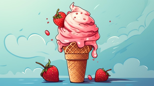 an ice cream cone with strawberry ice cream on it