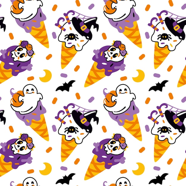 Ice cream cones and other sweets  with Halloween decor. Funny kids print. Seamless pattern.