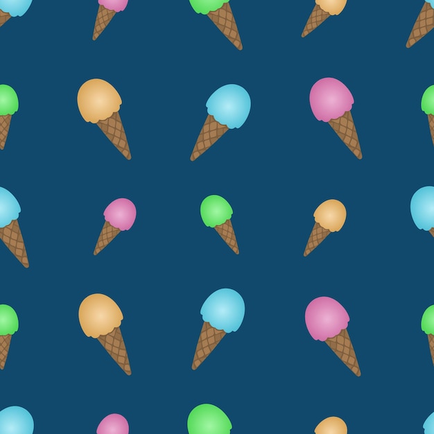 Ice cream in a crispy waffle cone seamless pattern on a blue background