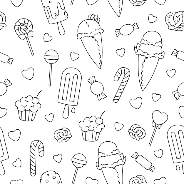 Ice cream doodle wallpaper seamless pattern outline lolly cupcake pretzel contour dessert vector