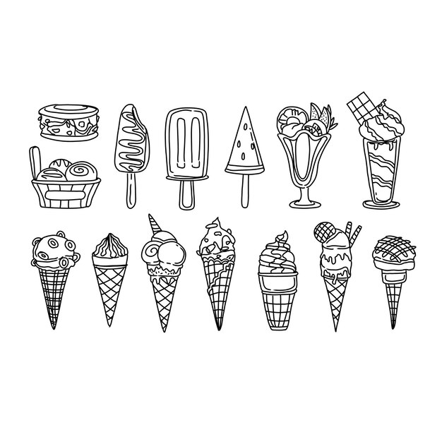 Vector ice cream and gelato hand drawn doodle illustrations vector set