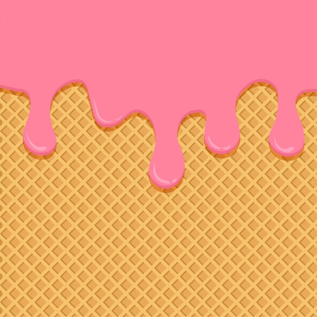 Ice cream melted background waffle cone texture pink liquid on wafer Cartoon