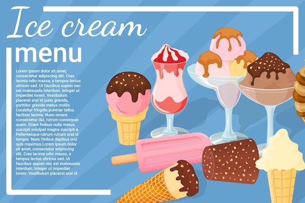 Ice cream menu on a blue background Sweet summer dessert Vector illustration