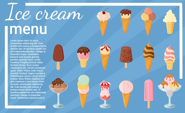 Ice cream menu on a blue background Sweet summer dessert Vector illustration