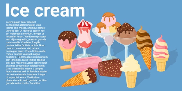 Ice cream menu on a blue background Sweet summer dessert Vector illustration