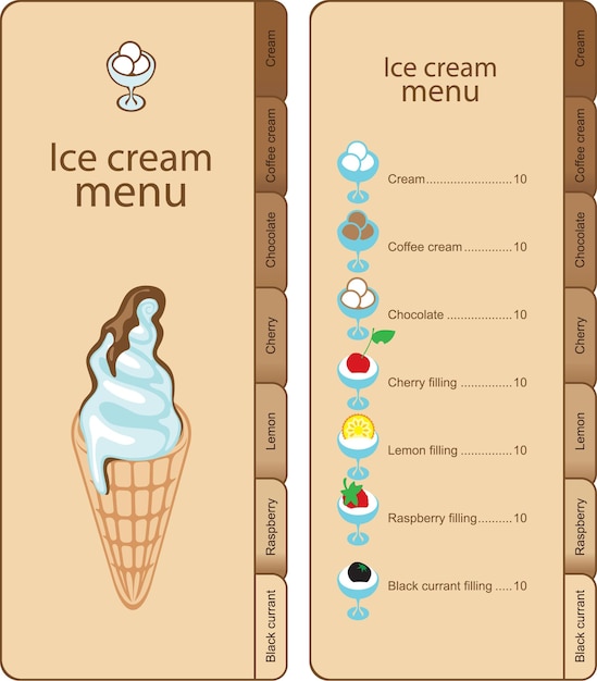 Ice cream menu with tabs