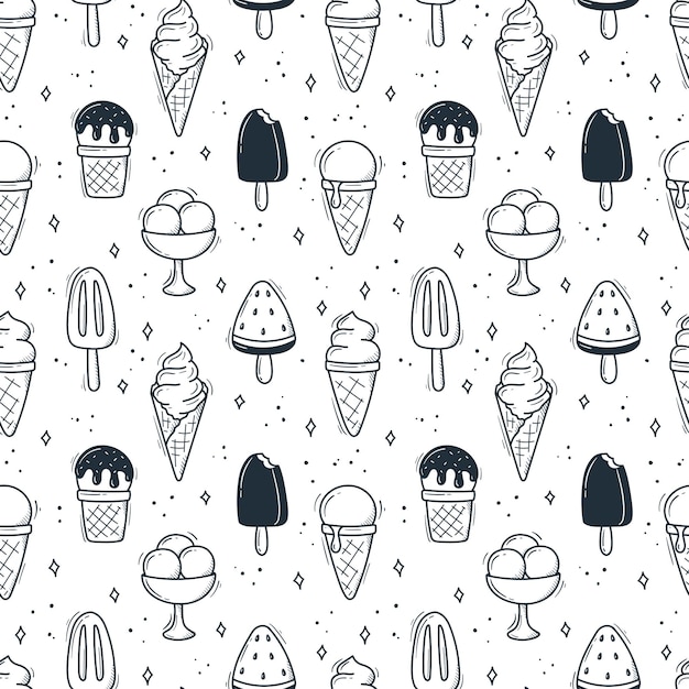 Ice cream pattern handdrawn on a white background dessert in doodle style