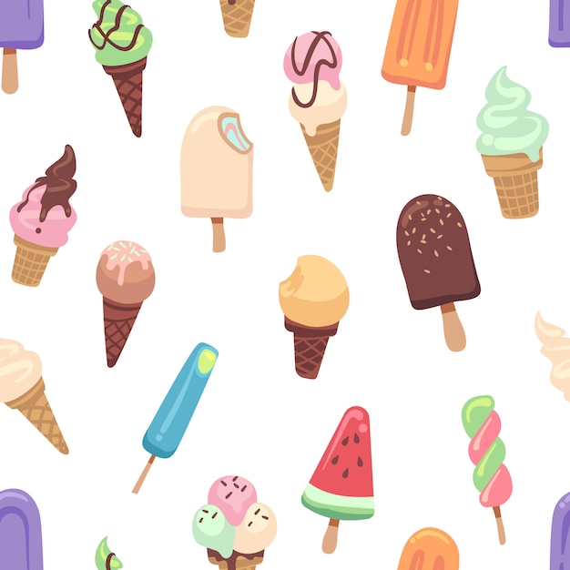 Ice cream pattern. Seamless print with frozen creamy desserts, waffles cones. Sundae vanilla chocolate ice scoops  texture