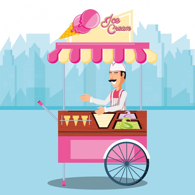 Ice cream sales man in cart kiosk character