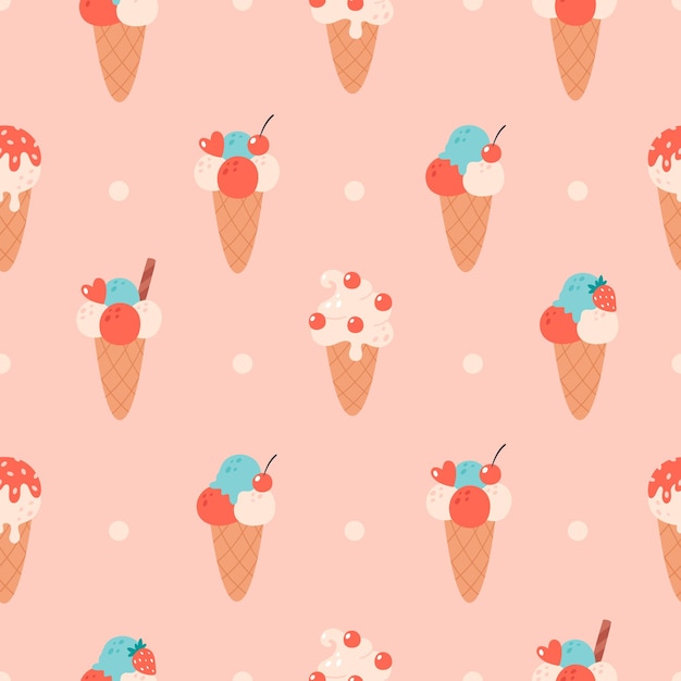 Ice cream seamless pattern Vanilla ice cream in waffle cone with cherry