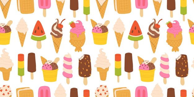 Vector ice cream seamless pattern yummy street food confectionery snacks cone waffle with filling