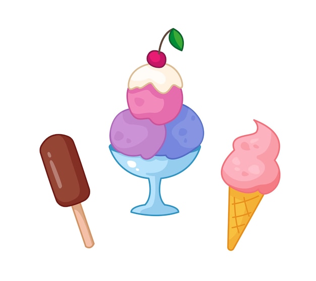 Ice cream set  chocolate on a stick in vase strawberry ice cream in waffle cone Vector illustration