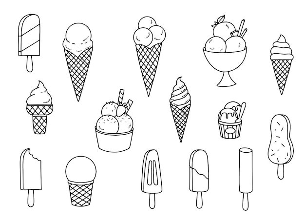 Ice cream set, hand drawn illustration. All types of delicious ice sweets. Isolated icons for the summer menu. Minimal elegant illustrations