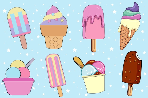 Ice cream set Summer colorful background Tasty cute appetizing food collection