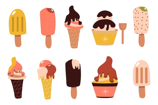 Ice cream set. Sundae in chocolate on a stick. Ice cream cone in a waffle. Frozen dessert. Sweet food. Vector flat cartoon illustration. Summer desserts collection.