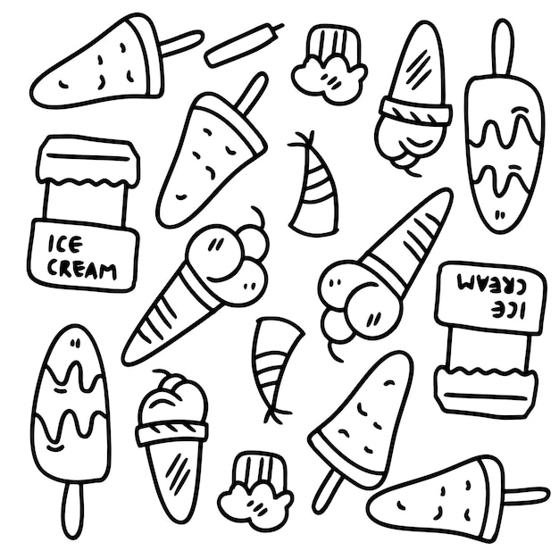 Ice cream set with doodle line style vector