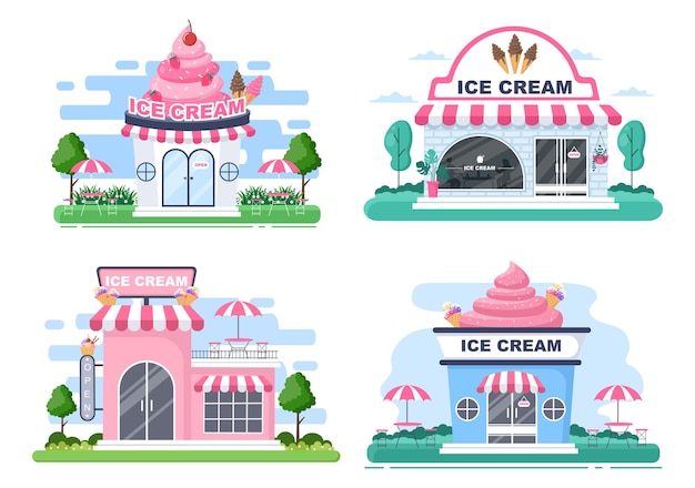 Ice Cream Shop Illustration With Open Board, Tree, And Building Store Exterior. Flat Design Concept