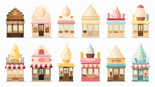 Vector ice cream shop set buildings facades flat vector isolated