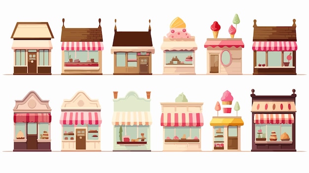 Vector ice cream shop set buildings facades flat vector isolated