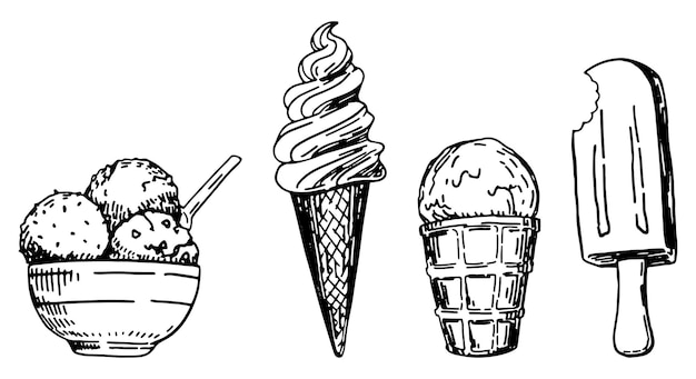 Ice cream sketches collection Doodles of summer dessert Hand drawn vector illustrations Cliparts set isolated on white