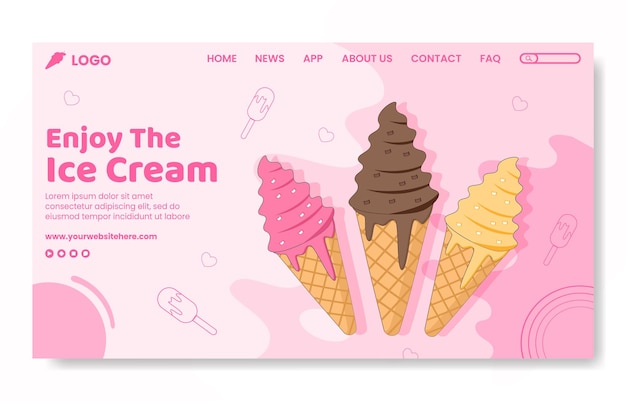 Ice Cream Social Media Landing Page Template Flat Cartoon Background Vector Illustration