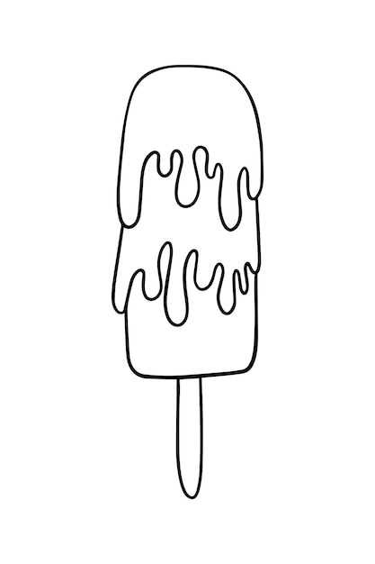 Ice cream on a stick with icing melts cooling sweet dessert food doodle linear cartoon coloring