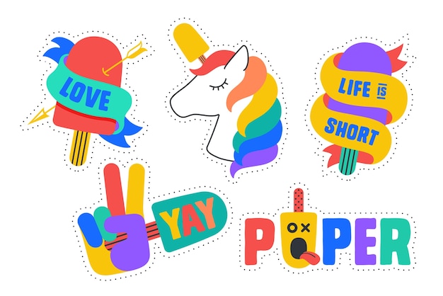 Ice Cream Stickers. Colorful fun stickers for ice cream brand, shop, cafe, ice cream theme. Design cartoon stckers, pins, chic patches, badges isolated on white background.  