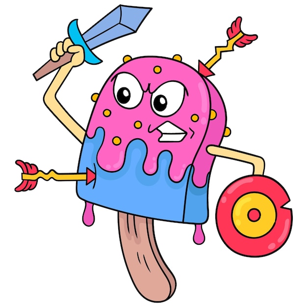 Ice cream sticks with fierce faces carrying swords and shields ready for war, vector illustration art. doodle icon image kawaii.