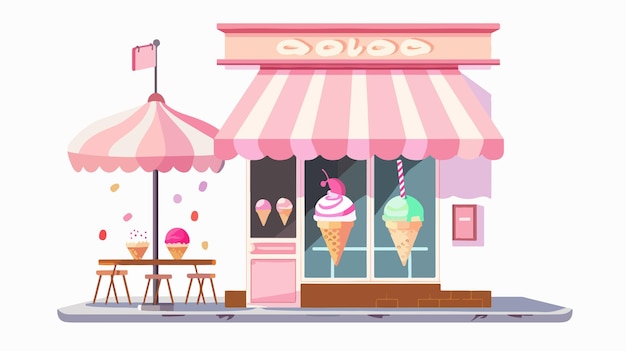 Vector ice cream store facade with parasol flat vector illustration